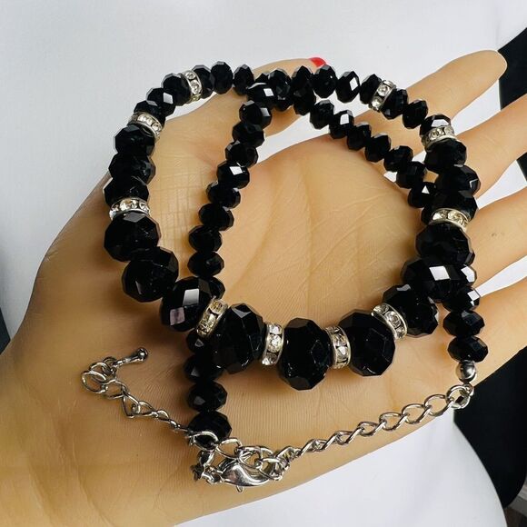 Glamorous Necklace Glass Black Faceted Graduated Beads Rhinestone Gold Tone 4403 - Picture 7 of 13